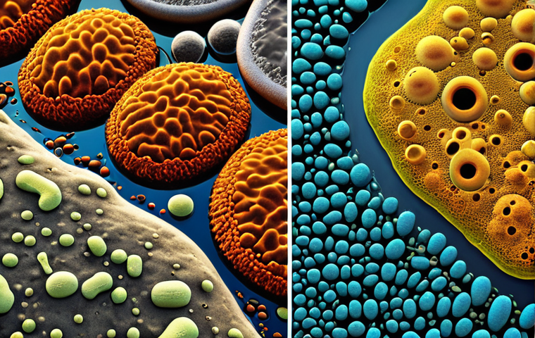 **Image Prompt:** Microscopic view of genetically engineered microorganisms degrading heavy metals in a polluted river. Focus on the visual contrast between the pollutants and the actively working microorganisms. Style: Scientific illustration with a touch of vibrant, hopeful colors.