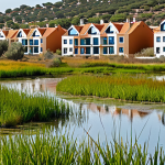 **

A vibrant, thriving wetland teeming with diverse wildlife (birds, fish, insects), with modern, eco-friendly houses in the background. Focus on the contrast between the restored nature and the high-value properties. The scene should evoke a sense of tranquility and prosperity. Keywords: ecological restoration, wetland, real estate, biodiversity, sustainable living, Spain.

**