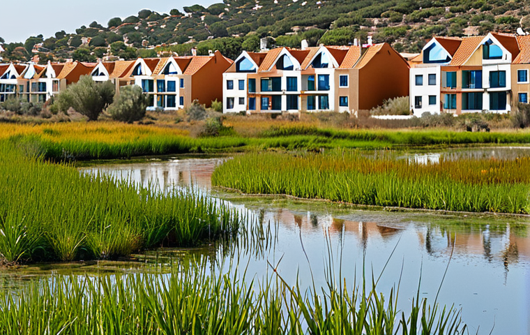**
A vibrant, thriving wetland teeming with diverse wildlife (birds, fish, insects), with modern, eco-friendly houses in the background. Focus on the contrast between the restored nature and the high-value properties. The scene should evoke a sense of tranquility and prosperity. Keywords: ecological restoration, wetland, real estate, biodiversity, sustainable living, Spain.
**