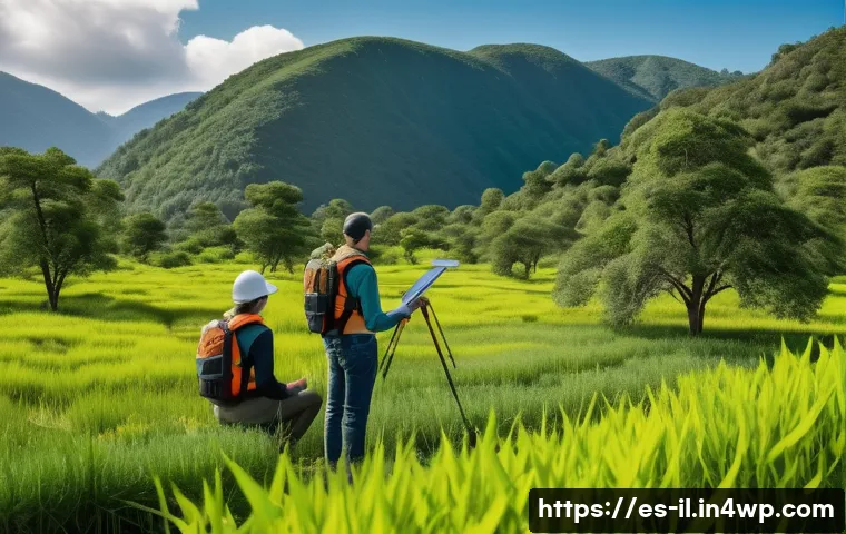 생태계 복원 기술의 미래 전망 - **Prompt:** A lush, vibrant landscape undergoing ecological restoration. Sleek, advanced drones with...