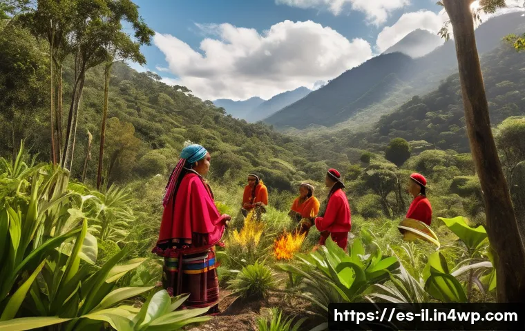 생태계 복원 기술의 문화적 가치 - A vibrant scene depicting an indigenous Latin American community engaged in traditional ecological r...