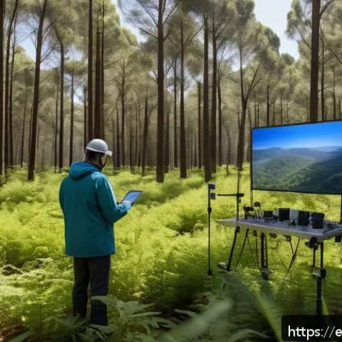 생태계 복원 기술과 비즈니스 모델 - A high-tech environmental monitoring scene in a lush forest in Spain, featuring drones equipped with...