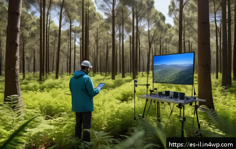 생태계 복원 기술과 비즈니스 모델 - A high-tech environmental monitoring scene in a lush forest in Spain, featuring drones equipped with...