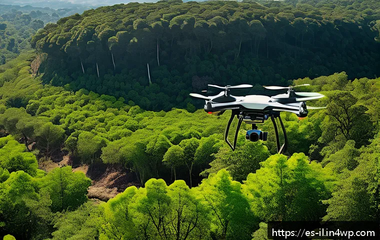 생태계 복원 기술의 지속 가능한 실행 방안 - A high-tech ecological restoration site in a rural Latin American landscape, featuring drones flying...