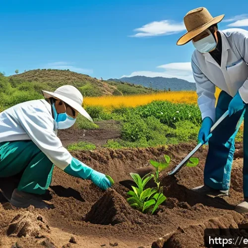 생태계 복원 기술과 생태계 건강 - A vibrant, detailed scene showing a team of environmental scientists applying beneficial microorgani...