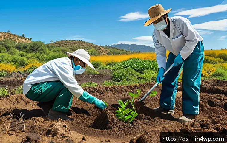 생태계 복원 기술과 생태계 건강 - A vibrant, detailed scene showing a team of environmental scientists applying beneficial microorgani...