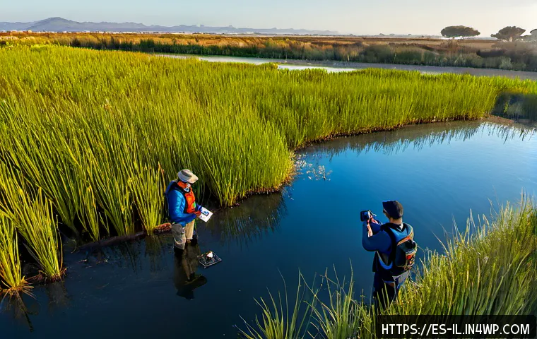 생태계 복원 기술의 최전선 연구 - Photorealistic coastal wetland restoration research in southern Spain, diverse team of environmental...