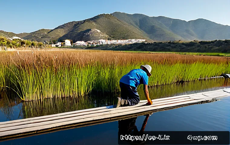 Home 17 생태계 복원 기술과 지역 생태계 보전 - Photorealistic coastal wetland restoration in southern Spain, local conservation workers in practica...